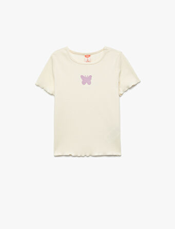 Kelebek Nakışlı Pamuklu Kısa Kollu Bisiklet Yaka Tişört