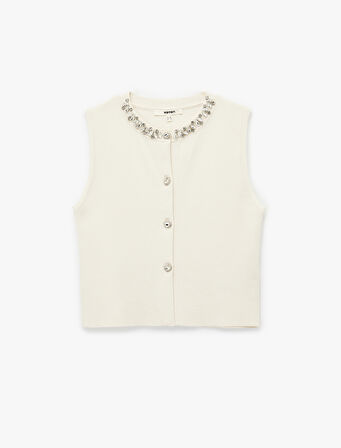 Düğmeli Bisiklet Yaka Taşlı Triko Yelek