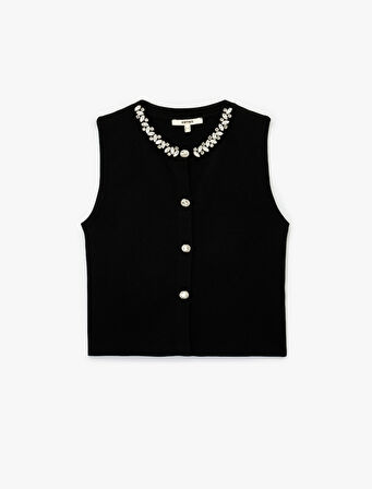 Düğmeli Bisiklet Yaka Taşlı Triko Yelek