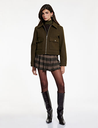 Uzun Kollu Fermuar Detaylı Cepli Crop Kaşe Ceket