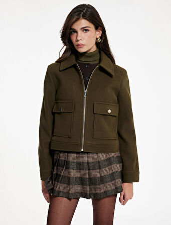 Uzun Kollu Fermuar Detaylı Cepli Crop Kaşe Ceket