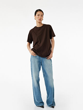 Kısa Kollu Bisiklet Yaka Pamuklu Basic Oversize Tişört