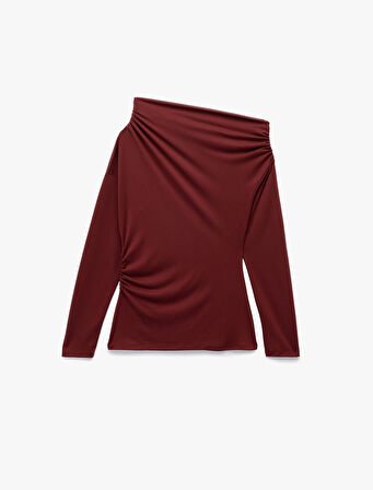 Modal Kumaş Slim Fit Drape Detaylı Asimetrik Yaka Uzun Kollu Tişört