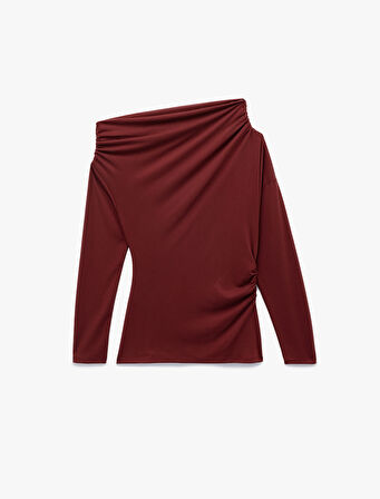 Modal Kumaş Slim Fit Drape Detaylı Asimetrik Yaka Uzun Kollu Tişört