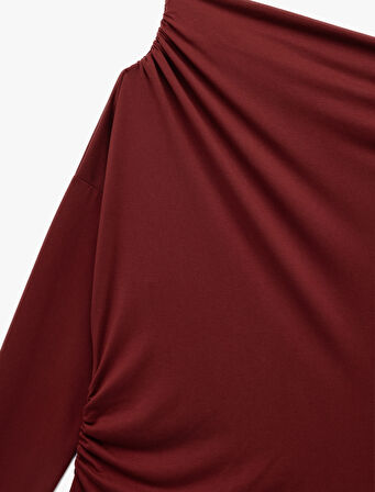 Modal Kumaş Slim Fit Drape Detaylı Asimetrik Yaka Uzun Kollu Tişört