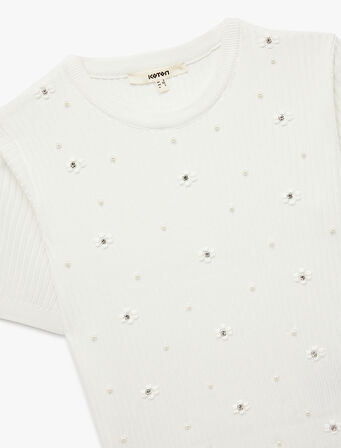 İnci İşlemeli Kısa Kollu Bisiklet Yaka Taşlı Triko Kazak