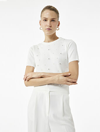 İnci İşlemeli Kısa Kollu Bisiklet Yaka Taşlı Triko Kazak