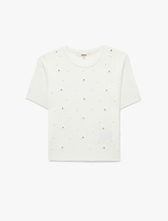 İnci İşlemeli Kısa Kollu Bisiklet Yaka Taşlı Triko Kazak