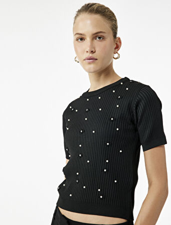 İnci İşlemeli Kısa Kollu Bisiklet Yaka Taşlı Triko Kazak