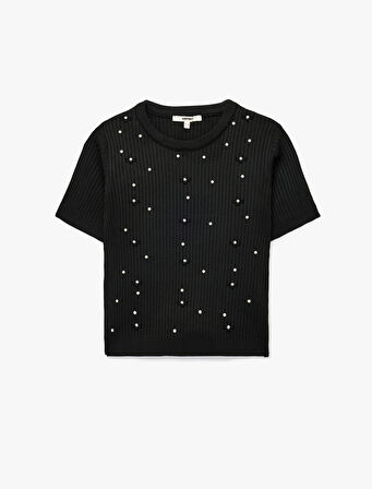 İnci İşlemeli Kısa Kollu Bisiklet Yaka Taşlı Triko Kazak