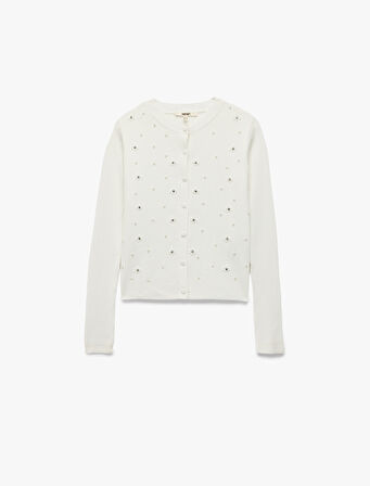 Düğmeli Uzun Kollu Bisiklet Yaka Taşlı Triko Hırka