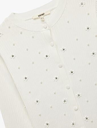 Düğmeli Uzun Kollu Bisiklet Yaka Taşlı Triko Hırka