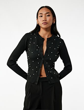 Düğmeli Uzun Kollu Bisiklet Yaka Taşlı Triko Hırka