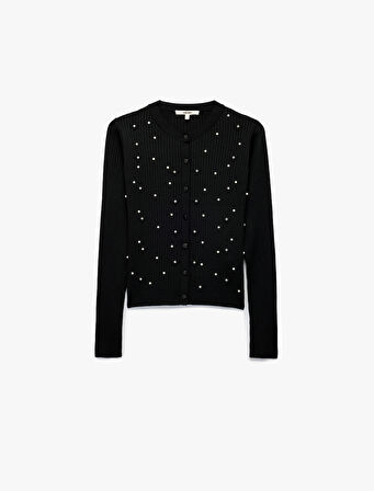 Düğmeli Uzun Kollu Bisiklet Yaka Taşlı Triko Hırka