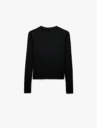 Düğmeli Uzun Kollu Bisiklet Yaka Taşlı Triko Hırka