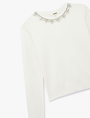 Uzun Kollu Bisiklet Yaka Taşlı Triko Kazak