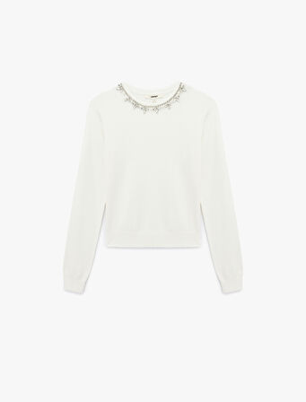 Uzun Kollu Bisiklet Yaka Taşlı Triko Kazak