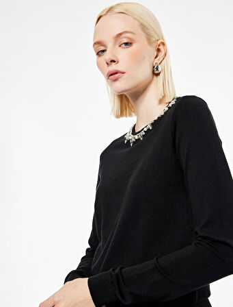 Uzun Kollu Bisiklet Yaka Taşlı Triko Kazak