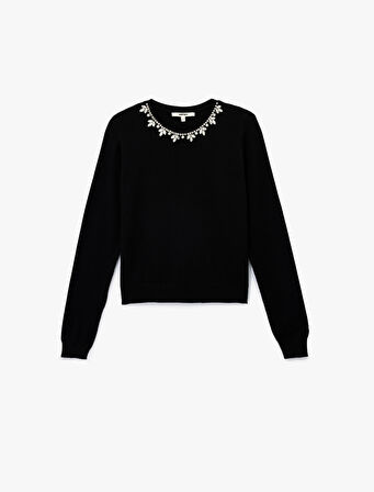 Uzun Kollu Bisiklet Yaka Taşlı Triko Kazak