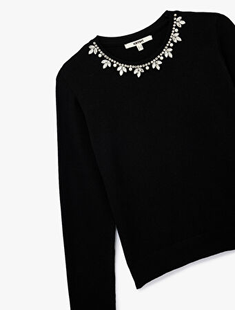 Uzun Kollu Bisiklet Yaka Taşlı Triko Kazak