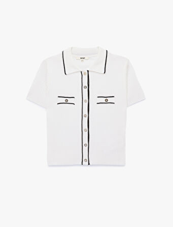 Cep Detaylı Düğmeli Polo Yaka Kısa Kollu Triko Kazak