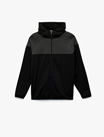 Renk Bloklu Fermuarlı Uzun Kollu Kapüşonlu Spor Sweatshirt