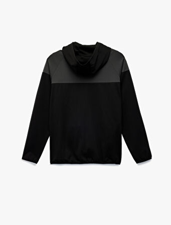 Renk Bloklu Fermuarlı Uzun Kollu Kapüşonlu Spor Sweatshirt