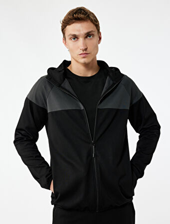 Renk Bloklu Fermuarlı Uzun Kollu Kapüşonlu Spor Sweatshirt