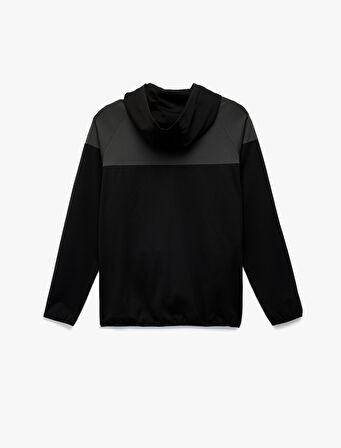 Renk Bloklu Fermuarlı Uzun Kollu Kapüşonlu Spor Sweatshirt