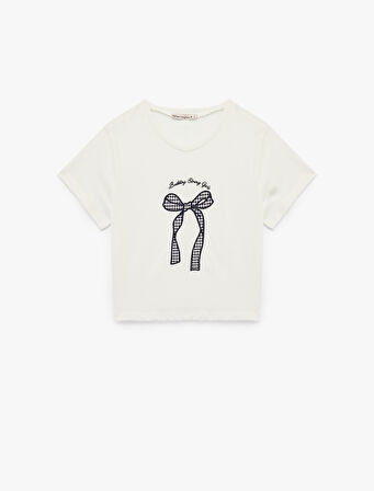Pamuklu Kısa Kollu Bisiklet Yaka Fiyonk İşleme Detaylı Pijama Üstü
