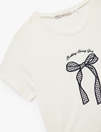 Pamuklu Kısa Kollu Bisiklet Yaka Fiyonk İşleme Detaylı Pijama Üstü