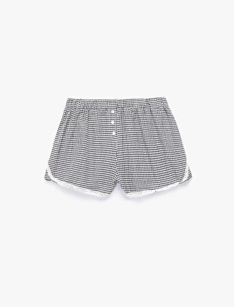 Pamuklu Rahat Kalıp Düğmeli Paçası Dantelli Beli Lastikli Pötikareli Şort Pijama Altı