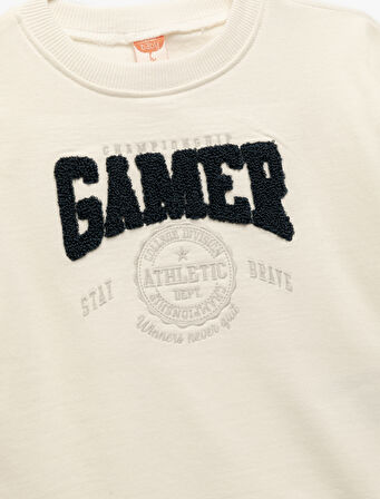 Nakışlı Uzun Kollu Bisiklet Yaka Pamuklu Sweatshirt