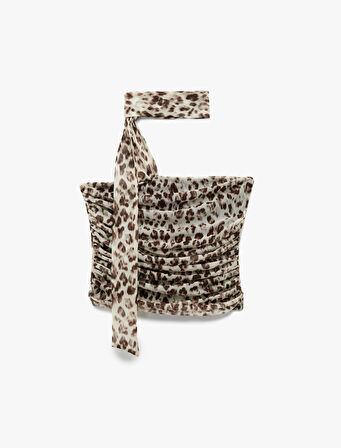 Tül Boyundan Fular Detaylı Drapeli Leopar Desenli Crop Straplez Bluz
