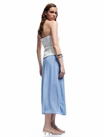 Krep Kumaş Astarlı Beli Lastikli Bağlamalı Midi Kloş Etek