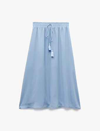 Krep Kumaş Astarlı Beli Lastikli Bağlamalı Midi Kloş Etek