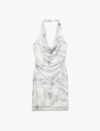 Slim Fit Desenli Sırt Dekolteli Degaje Yaka Taşlı Mini Elbise