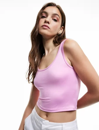 U Yaka Slim Fit Kolsuz Basic Crop Bluz