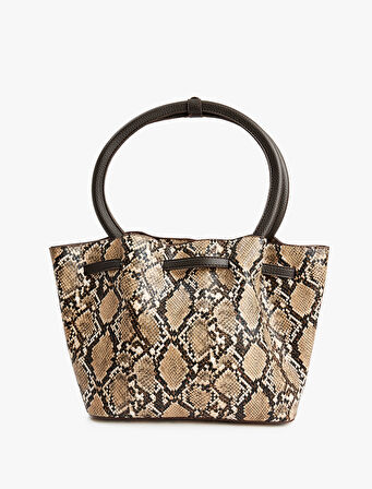 Saplı Metal Tokalı Yılan Derisi Desenli Tote Çanta