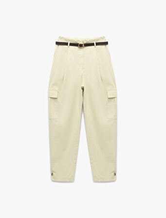 Pamuklu Kargo Cepli Yüksek Bel Kemerli Jogger Pantolon