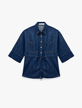 Cep Detaylı Düğmeli Klasik Yaka Denim Gömlek
