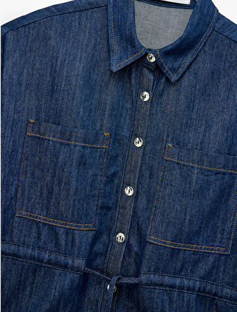 Cep Detaylı Düğmeli Klasik Yaka Denim Gömlek