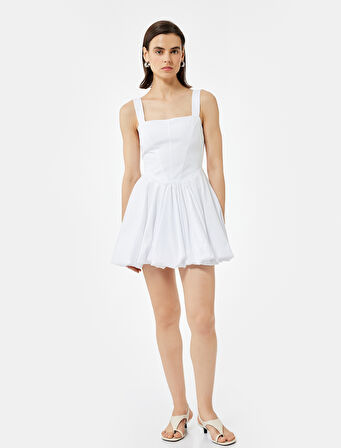 Astarlı Bol Kalıp Kare Yaka Kolsuz Askılı Mini Balon Elbise