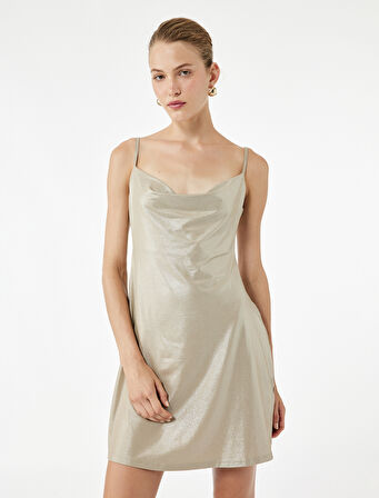 İp Askılı Simli Kolsuz Degaje Yaka Mini Elbise