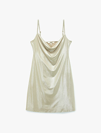 İp Askılı Simli Kolsuz Degaje Yaka Mini Elbise