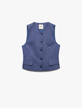 Aplike Detaylı Düğmeli Bisiklet Yaka Keten Yelek