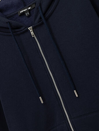 Fermuarlı Kapüşonlu Kanguru Cepli Uzun Kollu Şardonlu Oversize Spor Sweatshirt