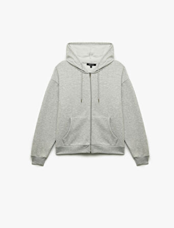 Fermuarlı Kapüşonlu Kanguru Cepli Uzun Kollu Şardonlu Oversize Spor Sweatshirt
