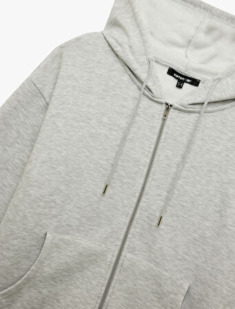 Fermuarlı Kapüşonlu Kanguru Cepli Uzun Kollu Şardonlu Oversize Spor Sweatshirt