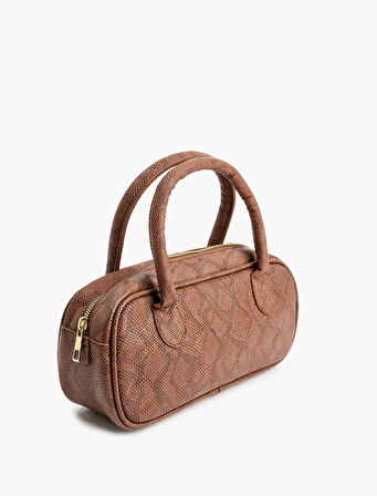 Yılan Derisi Görünümlü Fermuarlı Saplı El Çantası